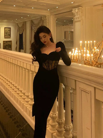 Sheath Sweetheart Velvet Black Long Sleeves Prom Dresses Evening Dress SD415